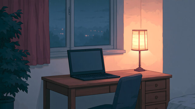 Serene Evening Workspace: A Cozy and Inviting Desk Setup with Warm Lighting and a Beautiful View to Inspire Productivity and Relaxation