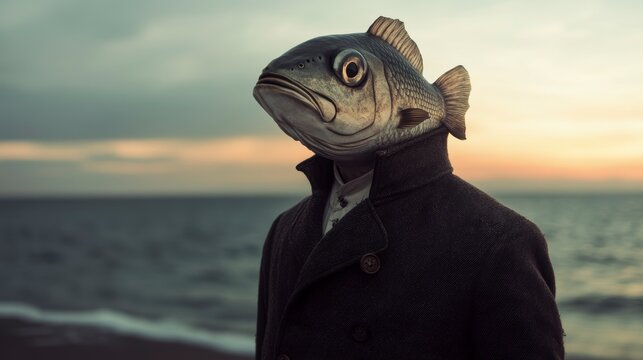 Surreal sunset beach portrait of a person with a fish head.