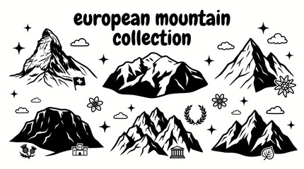 Obraz premium famous european mountains featuring matterhorn montblanc grossglockner bennevis olympus triglav and iconic alpine peaks arranged as a commercial vector illustration set for tourism and educational