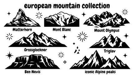 Fototapeta premium famous european mountains featuring matterhorn montblanc grossglockner bennevis olympus triglav and iconic alpine peaks arranged as a commercial vector illustration set for tourism and educational