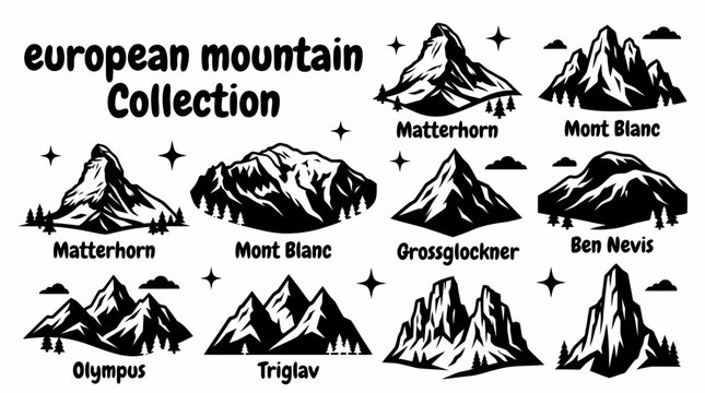 famous european mountains featuring matterhorn montblanc grossglockner bennevis olympus triglav and iconic alpine peaks arranged as a commercial vector illustration set for tourism and educational