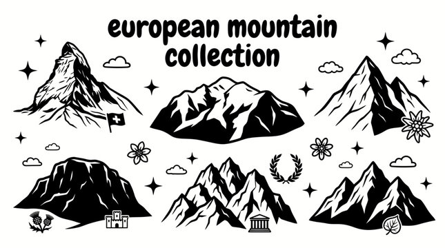 famous european mountains featuring matterhorn montblanc grossglockner bennevis olympus triglav and iconic alpine peaks arranged as a commercial vector illustration set for tourism and educational