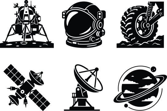 Space exploration icons set including lunar lander helmet and planet silhouette