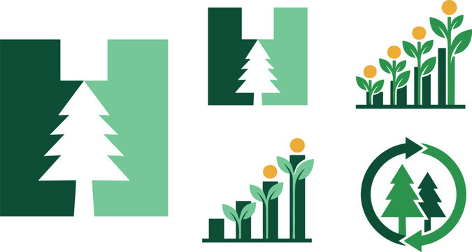 Eco Friendly Corporate Logo Set Featuring Letter H Pine Tree Monograms Financial Growth Plant Charts and Green Recycling Circle Icons