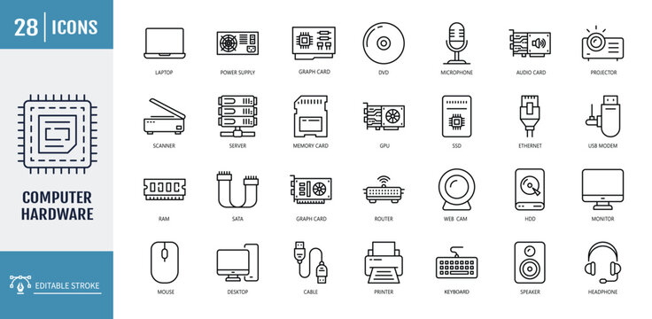 Computer hardware icon set. including monitor, server, cpu, hard drive, RAM, webcam, and more. outline icon set. vector illustration with editable stroke