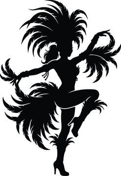 A detailed black vector illustration of a festive carnival dancer performing an energetic dance move in a dramatic silhouette style