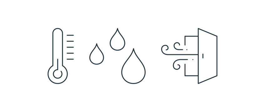 Thermometer and humidity icon set featuring temperature gauge, falling water droplets and a ventilation door with airflow for indoor climate monitoring vector illustration.
