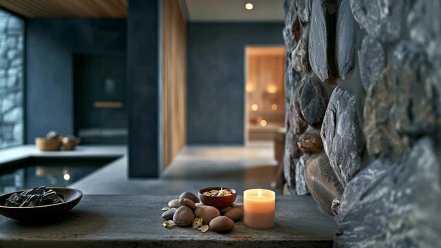 A tranquil, ultra-modern spa interior with a setup of natural stones, a bowl with floating petals, and a candle on a raw concrete surface.