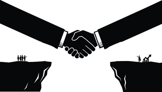 A bold black and white vector illustration showing a professional handshake bridging the gap between two jagged cliff side edges