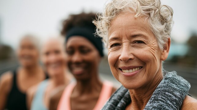 A group of senior women smiling and exercising together outdoors in a fitness class