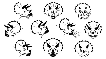 Fototapeta premium collection of triceratops dinosaur head illustrations, various expressions, simple line art on white background, prehistoric creature faces