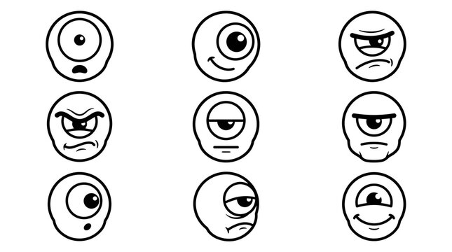 Set of nine hand-drawn cartoon cyclops faces showing various emotions like anger, happiness, and surprise, isolated on a white background