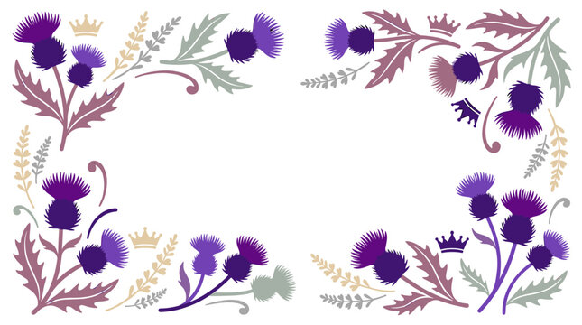 Decorative floral border with thistles and crowns in purple and muted tones, reminiscent of tapestry or cross-stitch, suitable for