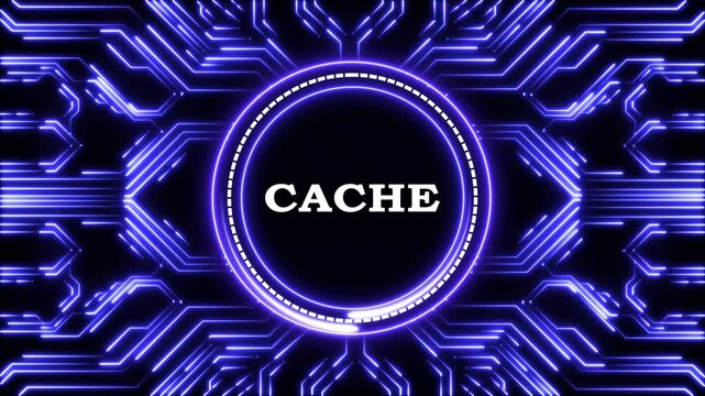 Neon blue digital cache concept background featuring futuristic circuit board data.