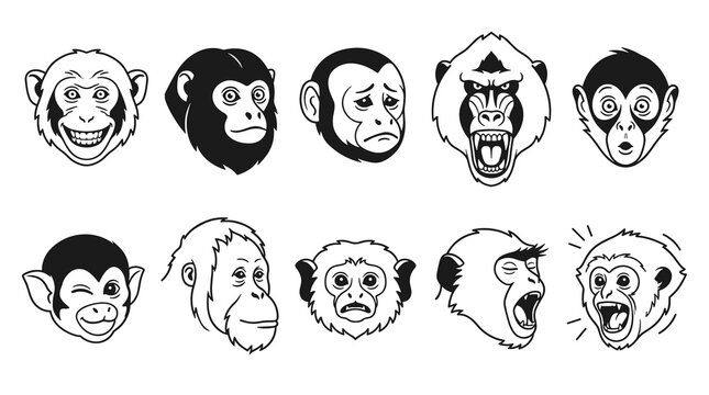 Collection of ten pixelated monkey faces in various expressions and styles, simple line art illustrations with black and white contrast