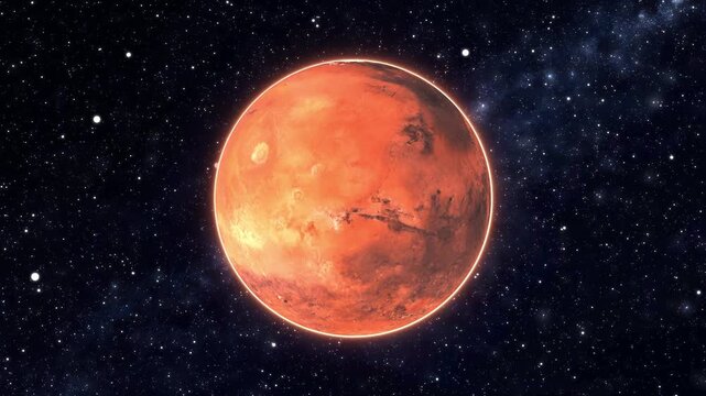 Realistic animation of the glowing red planet Mars rotating and zooming in against a dark starry galaxy space background for sci-fi documentaries