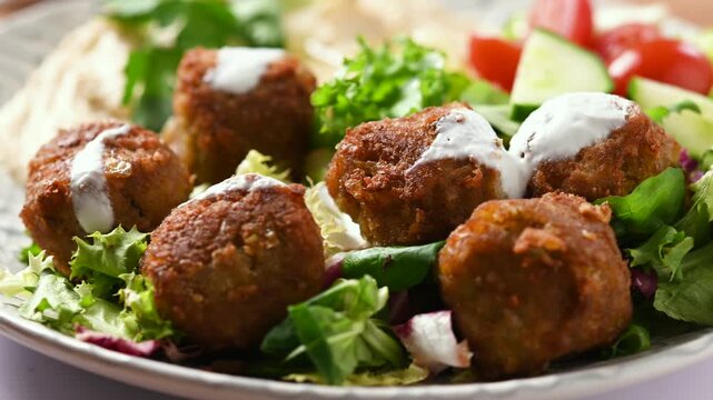 Traditional falafel served with hummus and fresh salad