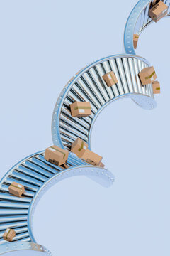 3D Ribbon conveyor belt moving boxes 