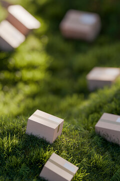 3D sunlit parcel closeup with cardboard boxes on grass