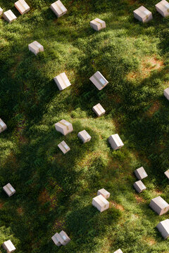 3D sunlit parcel closeup with cardboard boxes on grass