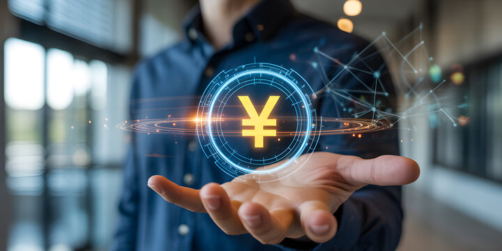 Virtual yen symbol floating over palm representing japanese currency and financial growth.