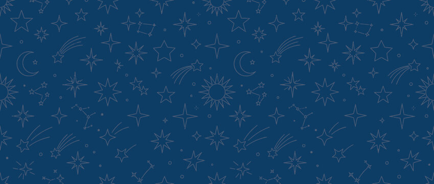 Celestial Pattern: Stars, Moon, Sun, Comets, Constellations on Dark Blue