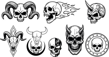 Fototapeta premium Badass Demon and Animal Skull Tattoo Flash Vector Collection Featuring Horned Skulls, Flaming Skulls, Horned Oni, Ram Skulls, and Bull Skull Elements