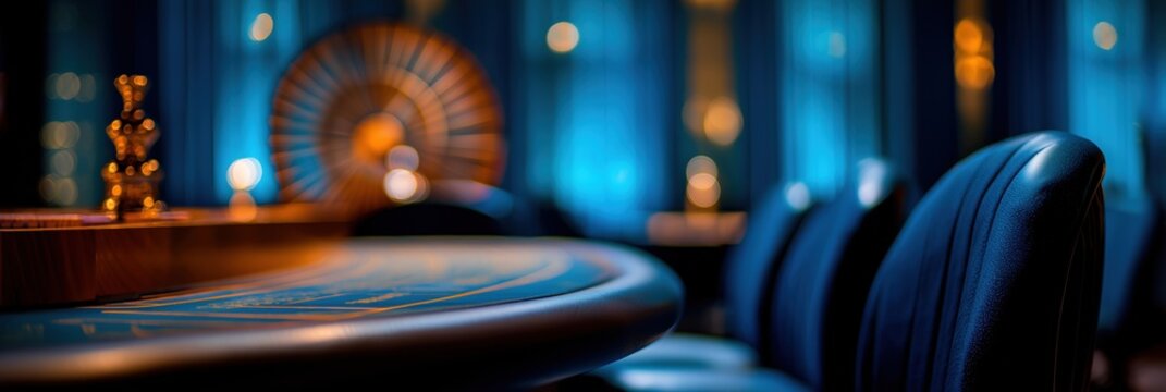 Luxurious casino interior, roulette table with golden marker and plush chairs in dim, elegant setting at night. Blurred background of roulette wheel