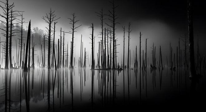 Misty Monochrome Dead Forest Haunting skeletal trees emerge from tranquil, reflective waters, casting stark silhouettes against an ethereal sky in a desolate wetland scene