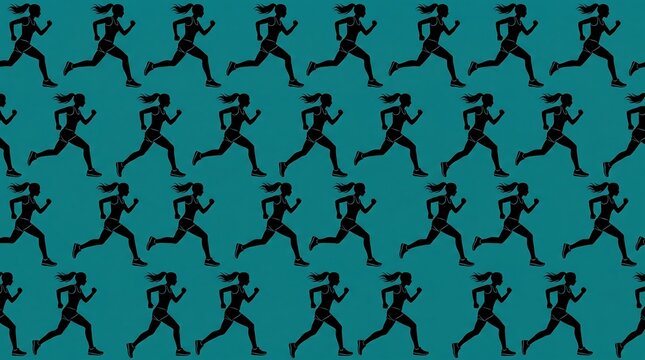 Repeating Black Female Runner Silhouettes in Dynamic Pattern on Teal Background