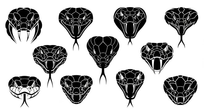 Stylized black and white viper snake head illustrations with fangs.