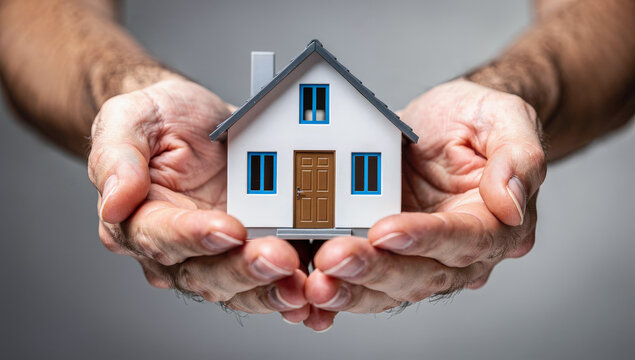 hands holding miniature white house model with blue windows representing home protection and real estate