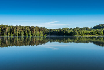Obraz premium Summer Morning Mist on Calm Forest Lake, Central European Countryside