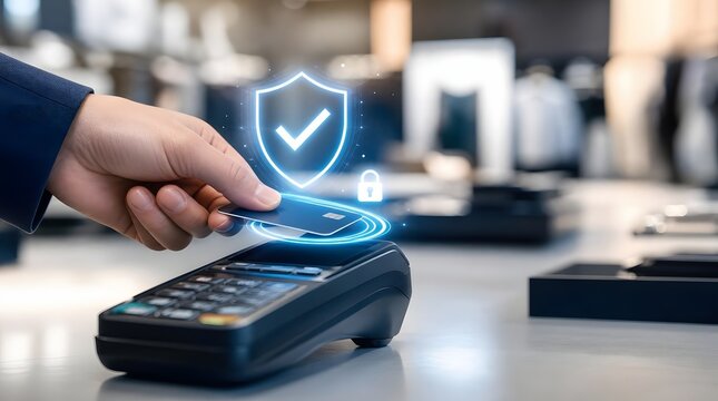 Customer making a contactless payment with a bank card using a modern NFC payment terminal