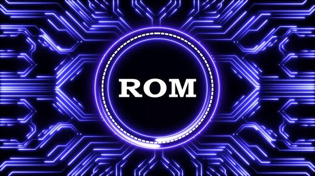 Digital circuit board animation with glowing neon blue lines and ROM text.
