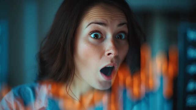 Woman surprised shocked face expression emotion technology data graph screen digital analysis business finance investment market stock chart futuristic modern female close up indoors casual young