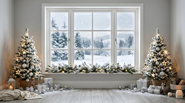 Cozy winter wonderland christmas scene with decorated trees and snowy landscape