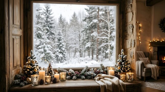 Cozy winter wonderland scene with christmas decorations by the window