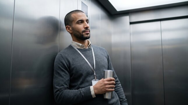Generative AI, Thoughtful businessman in office elevator