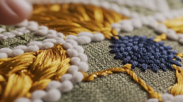 Close-up of intricate embroidered fabric with geometric patterns and tassels.