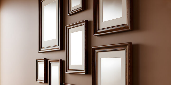 Group of empty picture frames in wooden style mounted on brown wall for home interior decor.