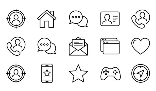 Web interface and essential UI vector icons set isolated on white background flat navigation app illustration house chat email phone game controller line design