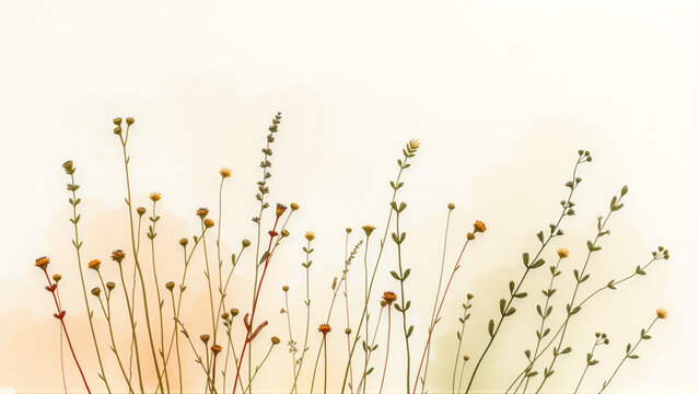 Delicate botanical stems with slender leaves on white background