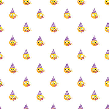 Smiling party emoji characters with hats and noisemakers creating a repeating celebration pattern