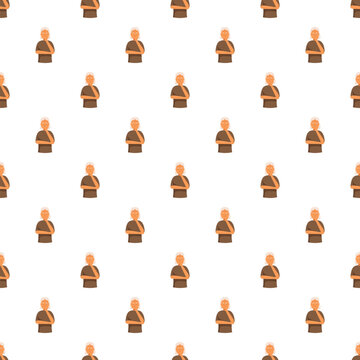 Repeating illustration of an elderly woman deep in thought, forming a seamless pattern