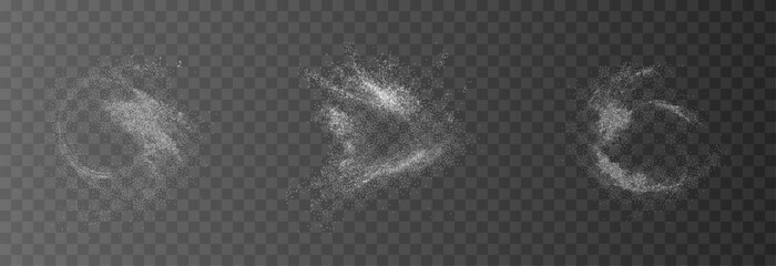 Transparent png set of white sugar or salt crystals in air flying flour powder explosion shapes isolated seasoning elements on background for culinary design overlays tapioca starch fly fall down sea © Diana