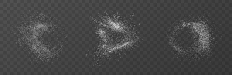 White flour or sugar crystals explosion in air scattered seasoning dust circles and flying powder shapes isolated transparent png element with soft blur on background for culinary design overlay fly © Diana