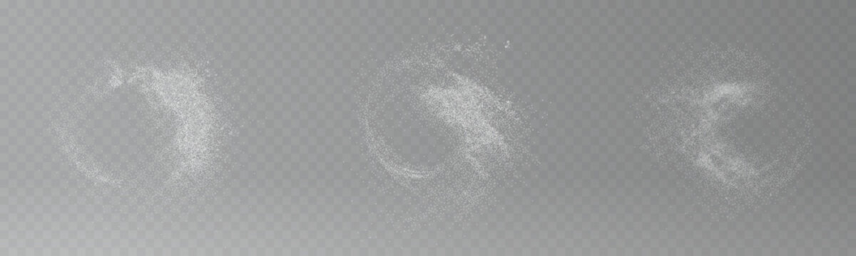 White sugar or flour powder explosion in air flying seasoning dust circles and scattered crystals set realistic transparent png background element for culinary design overlay tapioca starch fly fall