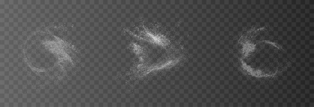 Transparent png set of white sugar or salt crystals in air flying flour powder explosion shapes isolated seasoning elements on background for culinary design overlays tapioca starch fly fall down sea