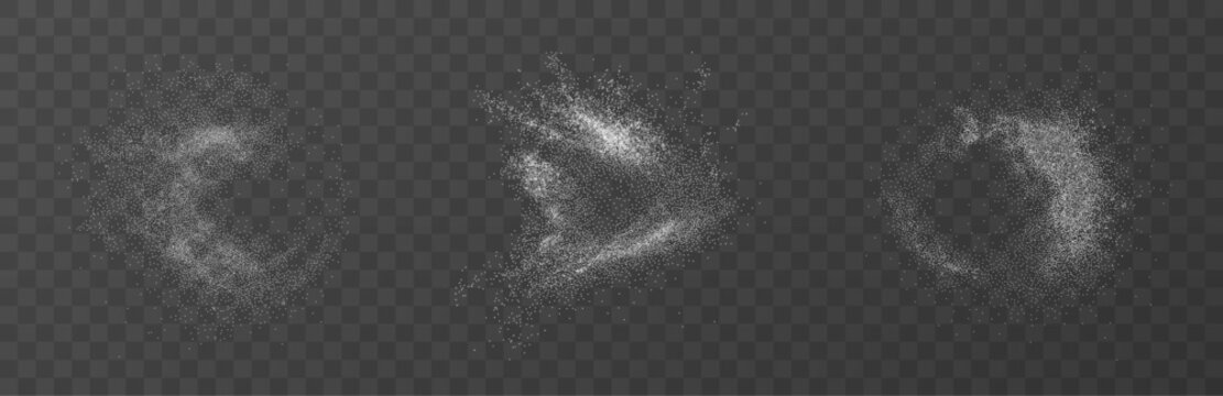 White flour or sugar crystals explosion in air scattered seasoning dust circles and flying powder shapes isolated transparent png element with soft blur on background for culinary design overlay fly